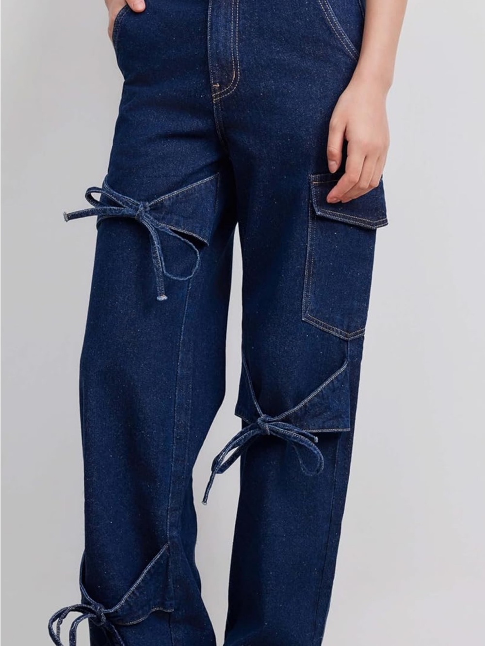 Cider Dark Blue Wide-Leg Cargo Jeans with Tie Details